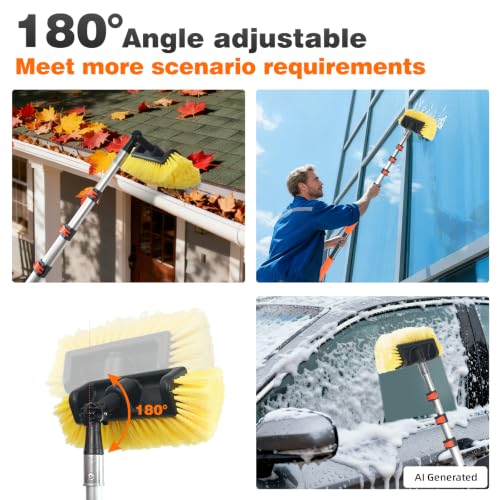 16FT Car Wash Brush with Long Handle, Car Cleaning Brush with 12" Soft Bristle and 12" Hard Bristle, 4-16Ft Telescopic Pole for Scratch-Free Cleaning Truck,RV, Boats,House Siding,Floors,Solar Panels - color: 16ft-orange