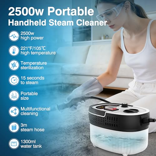 Steam Cleaner for Home & Car Detailing, 2500W High Pressure Portable Steamer with 6-Level Adjustable Steam, 15s Heat-Up, 9.8ft Long Hose, ANSI Z87.1 Goggles, 17-Pcs Kit for Tile, Grout, Hardwood - color: White