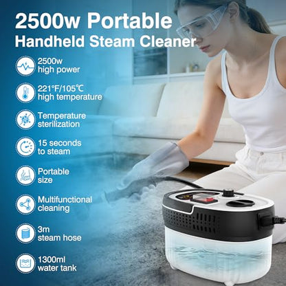 Steam Cleaner for Home & Car Detailing, 2500W High Pressure Portable Steamer with 6-Level Adjustable Steam, 15s Heat-Up, 9.8ft Long Hose, ANSI Z87.1 Goggles, 17-Pcs Kit for Tile, Grout, Hardwood - color: White