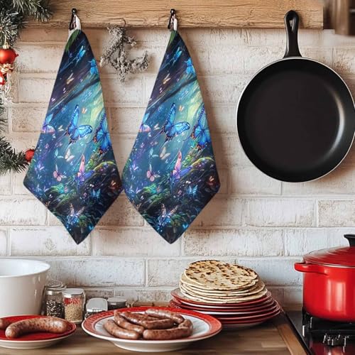 Blue Butterfly Kitchen Towels Set, Ultra Absorbent Dish Towels Quick Drying Microfiber Hand Towel Decorative Large Modern Art Forest Butterflies Tea Towel Dishcloths for Kitchen Cleaning 18"x28" - size: 1 Pack