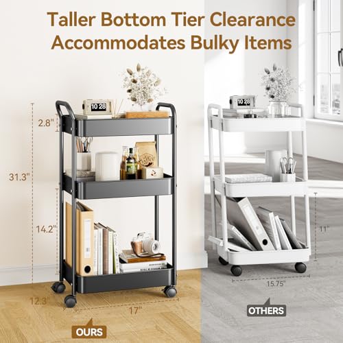YASONIC 3-Tier Metal Rolling Cart, Sturdy Storage Utility Carts with Wheels, Multifunction Craft Art Organizer for Bedroom, Laundry, Garage, Office, Nursery, Bathroom, Easy Assembly (Black) - color: Black