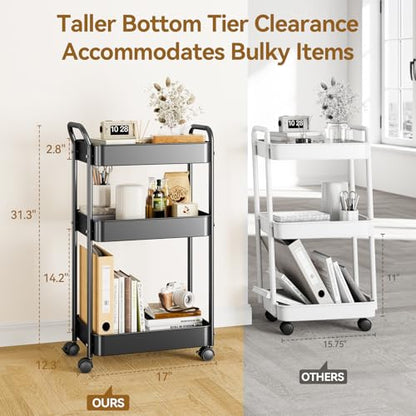 YASONIC 3-Tier Metal Rolling Cart, Sturdy Storage Utility Carts with Wheels, Multifunction Craft Art Organizer for Bedroom, Laundry, Garage, Office, Nursery, Bathroom, Easy Assembly (Black) - color: Black