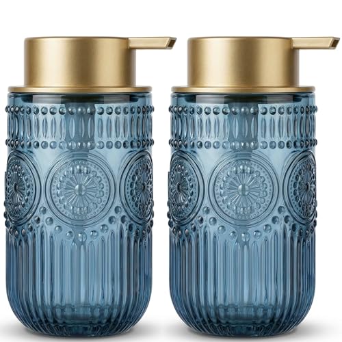 Foaming Soap Dispenser, Blue Glass Foam Hand Soap Dispenser, 14 OZ Vintage Embossed Foam Dispenser with Gold Pump for Bathroom, Kitchen, Refillable, Nordic Style Modern Farmhouse Decor - color: Blue-gold Pump