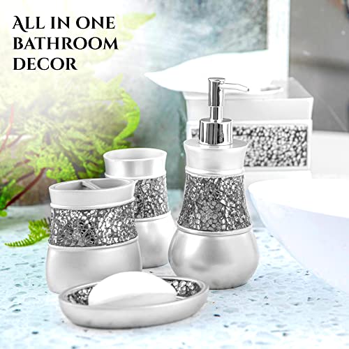 Creative Scents Crackled Glass Silver Bathroom Accessory Set – 4-Piece Vanity Set Includes: Lotion Soap Dispenser, Toothbrush Holder, Tumbler, and Soap Dish - style: 4 Pc Set