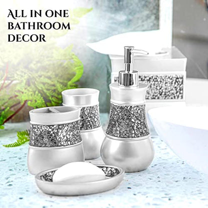 Creative Scents Crackled Glass Silver Bathroom Accessories Set - 6 Piece Bathroom Set Includes: Toilet Brush and Holder Set, Tissue Box Cover, Toothbrush Holder, Soap Dispenser, Soap Dish & Tumbler - style: 6 Pc Set 02