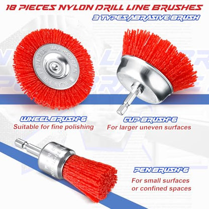 Bokon 18 Pack Nylon Filament Abrasive Wire Brush Wheel & Cup Brush Set with 1/4in Hex Shank for Cleaning Sanding Drill Scrub Brushes Attachment Remove Paint 80/120/240 Grit