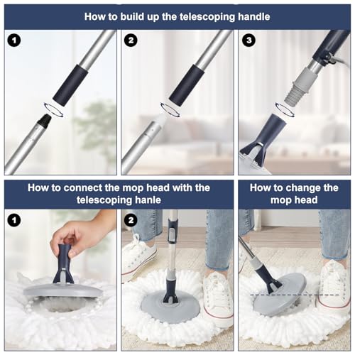 Spin Mop and Bucket System with180-Degree Rotating Head Telescopic Handle Dual Chamber Bucket Floor Cleaning Set with 3 Mop Refills Dual-Function Wringing Hand-Press and Foot-Pedal - color: White and Navy Blue