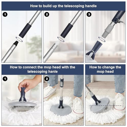 Spin Mop and Bucket System with180-Degree Rotating Head Telescopic Handle Dual Chamber Bucket Floor Cleaning Set with 3 Mop Refills Dual-Function Wringing Hand-Press and Foot-Pedal - color: White and Navy Blue
