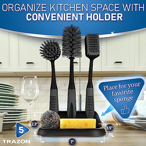 Dish Brush Set of 5 with Holder - Kitchen Scrub Brushes with Non-Slip Long Handle for Cleaning, Scrubber, Dishwashing, Dishes, Bottles, Straws, Cups, Pots & Sink, Black - color: Black, Set of 5 With Holder