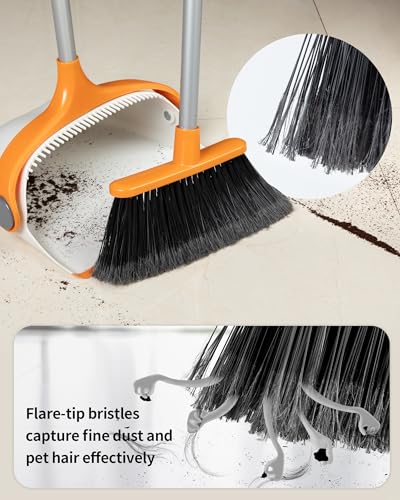 MR.SIGA Broom and Dustpan Set with Long Handle, Stand Upright Broom with Dustpan Combo for Cleaning Office, Garage, Lobby, Lightweight Sweeping Set, 51.7"(131 cm) Long Handle, White & Orange - color: White & Orange