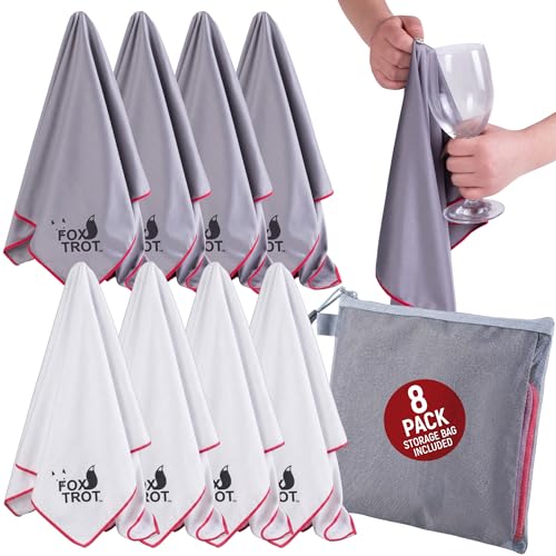 Fox Trot Wine Glass Polishing Cloths (8 Pack) with Storage Pouch | Large Microfiber Glass Drying Towel | Lint Free, Streak Free Shine for Stemware, Crystal & Glassware | 23" L x 20" W - color: 8-pack (White | Gray)