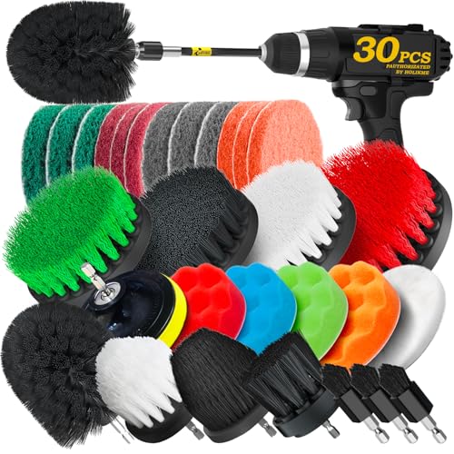 Holikme 30 Piece Drill Brush Set, Scrub Pads Scrubber Brush with Extend Long Handle Clean for Grout, Tiles, Bathtub, Bathroom, Kitchen, Bristle Discs,Black - color: Black