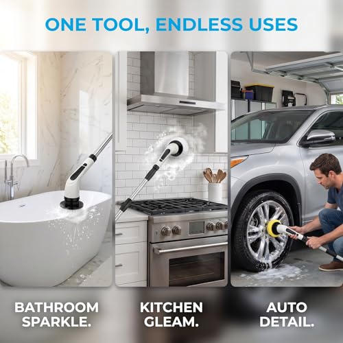 Electric Spin Scrubber - Ditch the Scrubbing! Long Handle Shower Scrubber with 9 Replaceable Heads & 2 Speed Cordless Brush in Modern White!