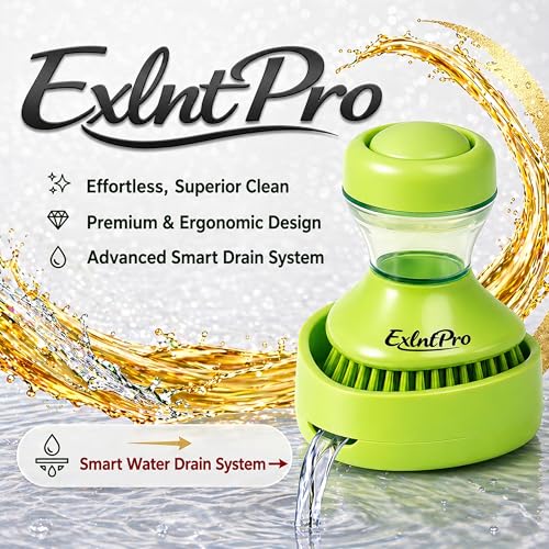 ExlntPro-Upgraded Dish Brush with Soap Dispenser, Kitchen Scrub Brush with Holder & Drain Tray, Refillable Soap Dispensing Dish Scrubber for Pots, Pans & Sink Cleaning