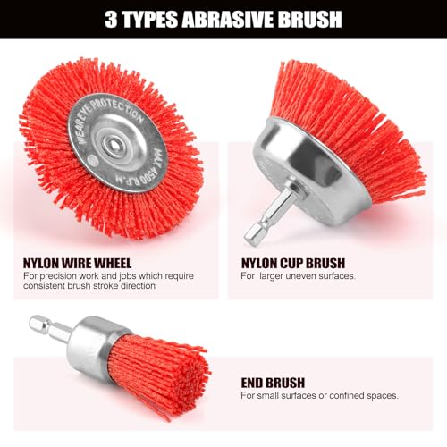 POLIWELL Nylon Abrasive Brush for Drill, 6 Pack Nylon Filament Wire Wheel & Cup Brush Set, 1/4 Inch Hex Shank, 3” and 2.6” Red Coarse Abrasive Bristle Drill Brushes for Paint, Corrosion, Rust Removal