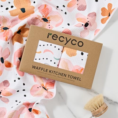 RECYCO Waffle Kitchen Towel Set of 2 - Quick Dry Microfiber Sustainable Dish Towels - Ultra Absorbent Reusable Cleaning Tea Towels - Lightweight Hand Towels,16”x 28”, Blossom Breeze - color: Blossom Breeze