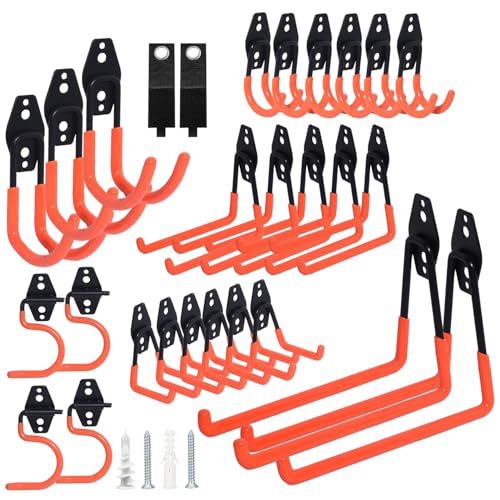 28 Pack Steel Heavy Duty Garage Hooks Storage Hooks with Anti-Slip Coating, Utility Garage Wall Mount Hanger and Organizer for Bikes, Ladder, Rope, Broom, Shovel and Garden Power Tools (28, Orange) - color: Orange
