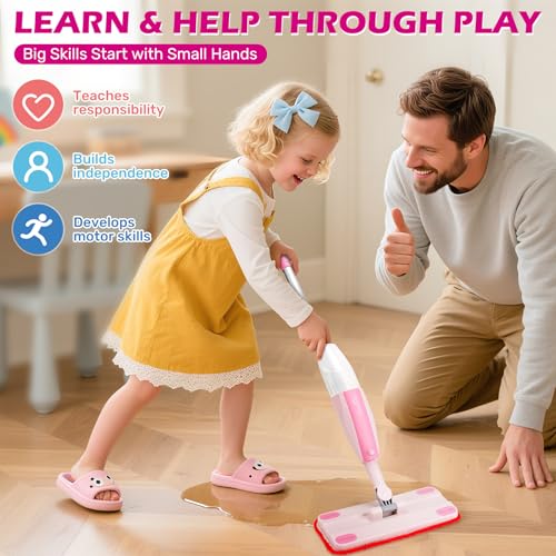 Dreamon Kids Spray Mop - Real Working Toddler Cleaning Set with Water Sprayer & 3 Washable Mop Pads & Scraper, Pretend Play Montessori Housekeeping Toys Gifts for Toddlers Kids Girls Boys(Pink) - color: Pink