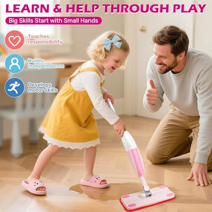 Dreamon Kids Spray Mop - Real Working Toddler Cleaning Set with Water Sprayer & 3 Washable Mop Pads & Scraper, Pretend Play Montessori Housekeeping Toys Gifts for Toddlers Kids Girls Boys(Pink) - color: Pink