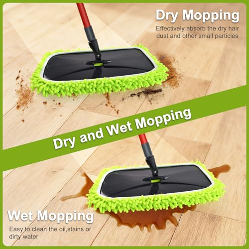 Mops for Floor Cleaning, Dust Mop for Hardwood Floors, Extra Large Floor Mop with Extendable Handle and 3 Reusable Chenille Mop Pads, Flat Dust Mops for Hardwood, Marble, Vinyl, Tile Floors Cleaning