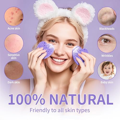 100-Count Compressed Facial Sponges, Heart Shape Face Sponge for Cleansing, Natural Cosmetic Spa Sponges for Facial Cleansing, Exfoliating Mask (Purple Heart Sponges) - color: Purple