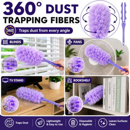 Duster Refills Compatible with Swiffer, 20 Count with 2 Handles, Heavy Duty 360° 4X Microfiber Stay‑On Pads, Unscented Disposable Duster for Pet Hair, Blinds, Ceiling Fans, Home Cleaning
