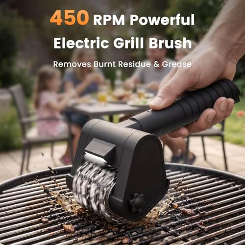 Electric Grill Brush, Electric Grill Cleaner Brush for Outdoor Grill, Cordless Rechargeable BBQ Grill Cleaning Brush, 450 RPM Power Barbecue Grill Brush, Motorized Grill Brush with Built-in LED Light