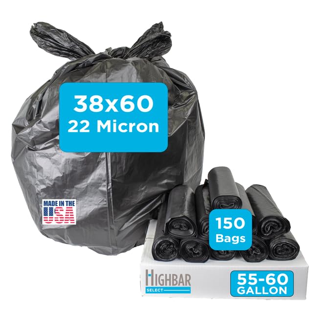 Highbar Select Large Black Trash Bags 55-60 Gallon Heavy Duty, 150 Count, High Density, 22 Micron, 38" x 60", Ideal for Schools, Janitorial, Bathrooms, - style: 55-60 Gal, 22 Micron Equiv, 150 Count, Black