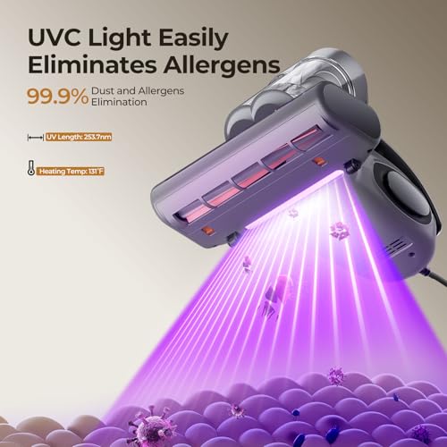 JIGOO Bed Vacuum Cleaner with Dust Sensor, Mattress Vacuum Cleaner with UV & Ultrasonic and High Heating, 13Kpa Suction 500W Powerful Double-Cup Handheld Vacuums (J300, Gray) - color: Gray