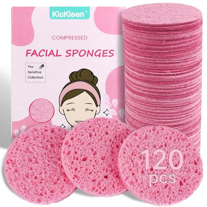120-Count Compressed Facial Sponges|Kickleen 100% Natural Cellulose Cosmetic Spa Sponges for Daily Facial Cleansing|Makeup And Mask Removal|Exfoliating|Skin Massage|Pore Exfoliation (120 Count (Pink)) - color: 120 Count (Pink)