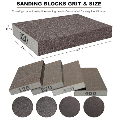 4 Pack Hand Sanding Sponge Set -120 220 320 400 Grit- Coarse Medium Fine Grit Sanding Block, Sander Sponges for Wood-Working Drywall Metal, Washable and Reusable Sponge for Rust Removal Polishing - size: 4 Pack