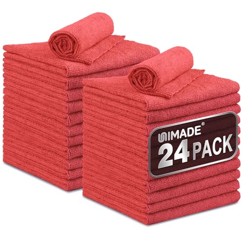UNIMADE Microfiber Cleaning Cloth, 24 Pack Reusable Microfiber Towels for Cars Lint Free Cleaning Shop Towel Rags for Home Kitchen Automotive Bar Mechanic Restaurant Garage, 11"x 12", Red - color: Red, size: 24pk