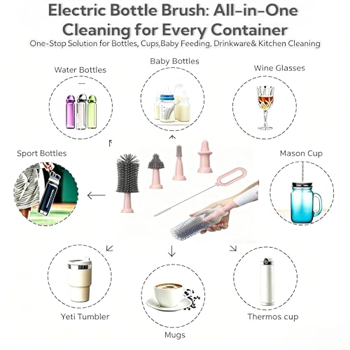 Electric Bottle Brush Set, 6-in-1 Electric Cleaning Brush with Waterproof Silicone Cleaner, 3 Replaceable Brush Heads, Straw Brush & Extension Rod, for Baby Feeding Accessories and Kitchen Utensils - color: Light Pink