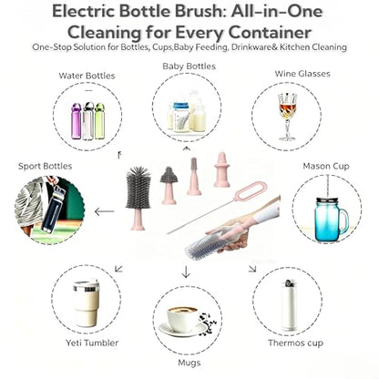 Electric Bottle Brush Set, 6-in-1 Electric Cleaning Brush with Waterproof Silicone Cleaner, 3 Replaceable Brush Heads, Straw Brush & Extension Rod, for Baby Feeding Accessories and Kitchen Utensils - color: Light Pink