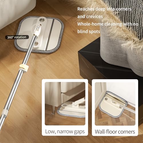 Mrbin Spin Mop for Floor Cleaning and Bucket Set, 2 in 1 Quick Dry Wet Flat Swivel Trapeador Hands Free with Washable Microfiber Pads, Refillable Tank for Hardwood, Laminate, Tile, Vinyl, Cream White