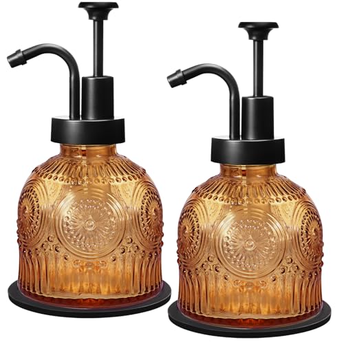 Amolliar 8 Oz Vintage Glass Bathroom Soap Dispensers with Pump, 2 Pack Refillable Kitchen Dish Soap Dispenser with Non-Slip Mat, Antique Rustic Hand Soap Liquid Bottle (Brown-Black Pump) - color: Brown-black Pump-2p, size: 2 PACK