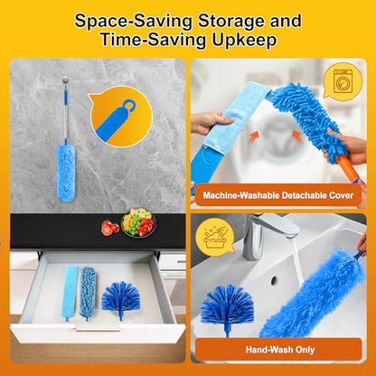 Tiumso 5-in-1 Microfiber Duster Kit with 100” Extension Pole – Reinforced Stainless Steel Telescopic Handle for High Ceiling Fans, Cobwebs & Vents – Multi-Head Dusters for Cleaning with Anti-Spin Pole - color: Sky Blue
