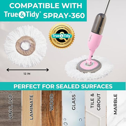 True & Tidy 4pc Round Microfiber Mop Pad Replacement Set for SPRAY-360 Clean Everywhere Spray Mop Kit, Machine Washable up to 100x, Thick Floor Cleaning for Hardwood, Tile, Laminate & Vinyl Floors