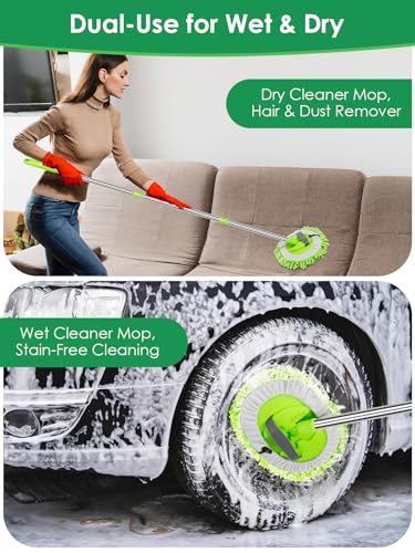 2 in 1 Lightweight Wall Cleaner Mop with Long Handle 75" 190cm Ceiling Duster Lint-Free Chenille Fiber Mop for Kitchen Baseboard Floor Glass Window Roof Cleaning Washer Scrubber Brush Tool Wet Dry Use - color: Green