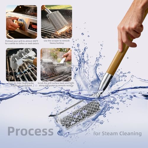 HOUSE AGAIN Grill Brush Bristle Free, Stainless Steel Food-Grade Brush Head with Scraper, Safe Steam BBQ Outdoor Grill Cleaning Brush Barbecue Grill Cleaner Non Wire for Grill Grate/Long Wood Handle - style: Natural Wood