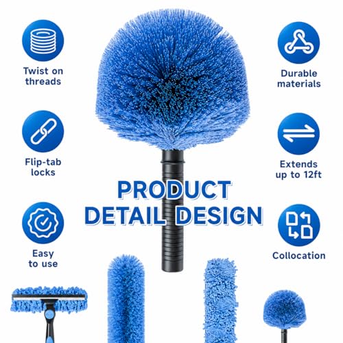 4-12ft Telescoping Durable Duster with Extension Pole – Lightweight Aluminum Cobweb Duster Kit – Extendable to 20ft Reach for Cleaning High Ceilings and Spider Webs