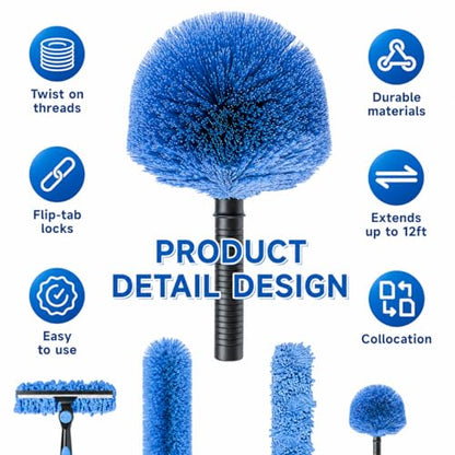 4-12ft Telescoping Durable Duster with Extension Pole – Lightweight Aluminum Cobweb Duster Kit – Extendable to 20ft Reach for Cleaning High Ceilings and Spider Webs