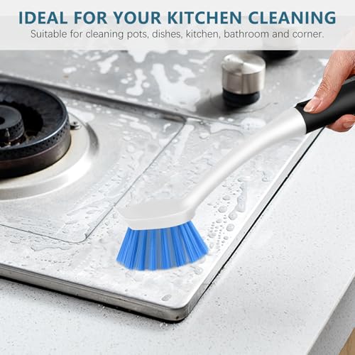 SetSail Dish Brush Set of 3 with Bottle Brush, Dish Scrub Brush with Long Handle Deep Cleaning Handle Brush with Scraper Tip for Kitchen Sink Dishes Bottle Cup Pot and Pans Tile Lines, Black Blue - color: Black Blue