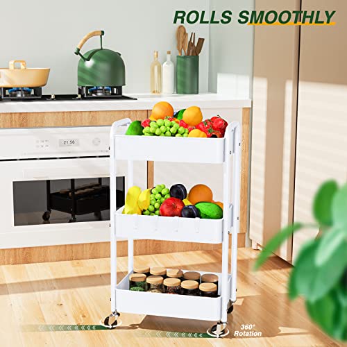LEHOM 3 Tier Rolling Cart, Metal Rolling Utility Cart with Lockable Wheels & Hooks, Multi-Functional Heavy Duty Storage Cart Organizer for Bathroom, Kitchen, Office, Living Room - color: White