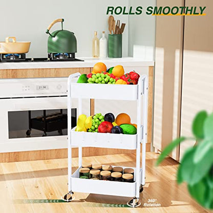 LEHOM 3 Tier Rolling Cart, Metal Rolling Utility Cart with Lockable Wheels & Hooks, Multi-Functional Heavy Duty Storage Cart Organizer for Bathroom, Kitchen, Office, Living Room - color: White