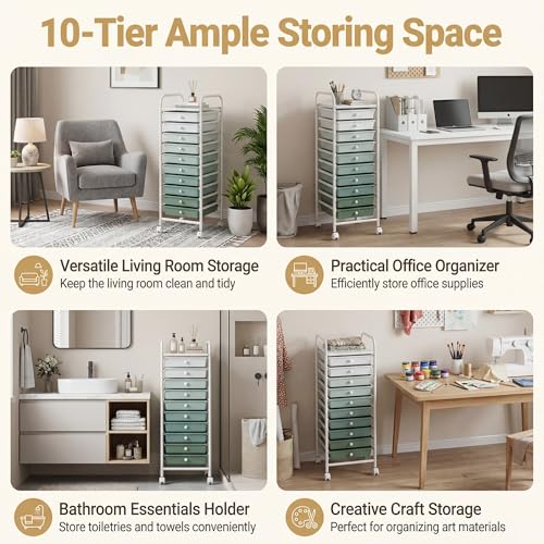 COSTWAY 10-Drawer Rolling Storage Cart, Utility Mobile Trolley with Removable Drawers & Universal Casters & 2 Brakes (Green Gradient,13"L x 15"W x 34"H (10 Drawer)) - color: Green Gradient, size: 13"L x 15"W x 34"H (10 Drawer)