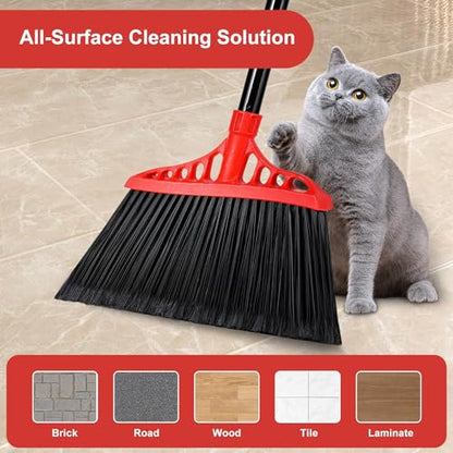 Tiumso Heavy Duty Angle Broom - 55" Adjustable Iron Handle with Stiff Bristles - Commercial-Grade Indoor/Outdoor Broom for Garage, Patio, Kitchen, Sidewalk & Concrete Cleaning (Black & Red) - color: Black and Red