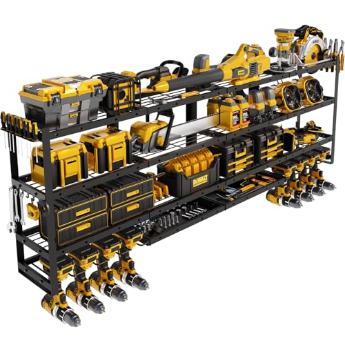 XLarge 64''W Power Tool Organizer Wall Mount | Modular&Corner-Fit 820lbs Garage Storage Rack with 8 Cordless Drill Holder | 4-Tier Heavy Duty Utility Shelf for Battery Workshop Organization - size: 64''Width (XLARGE)