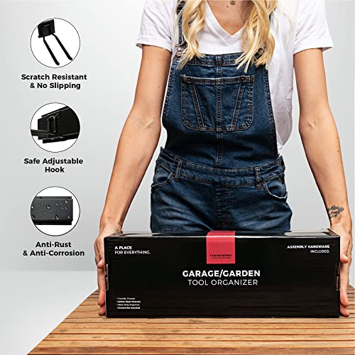 Heavy-Duty Garage Wall Storage System | Wall Mounted Tool Organizer Rack with Shelving | 10-Piece Mounting Kit | Includes 4x8.5” Adjustable Hooks & 2x16.5” Floating Utility Shelves - size: 64" Carbon Steel with 2 Shelves & Single Hooks