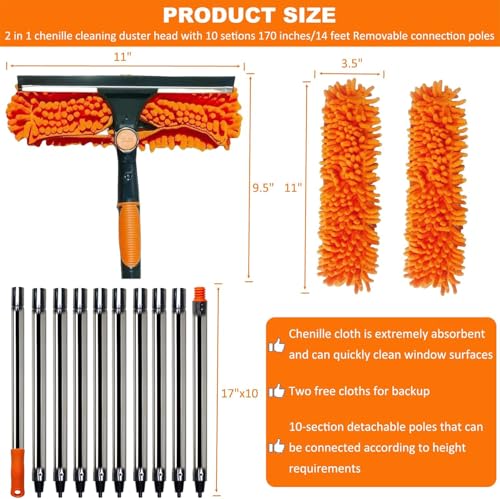 20+ Ft Reach 2 in 1 Window Washing Squeegee with 3-14 ft Spliceable Extension Pole // Window Cleaning Tool & Window Washer Squeegee for Home Indoor Outdoor Window Washing